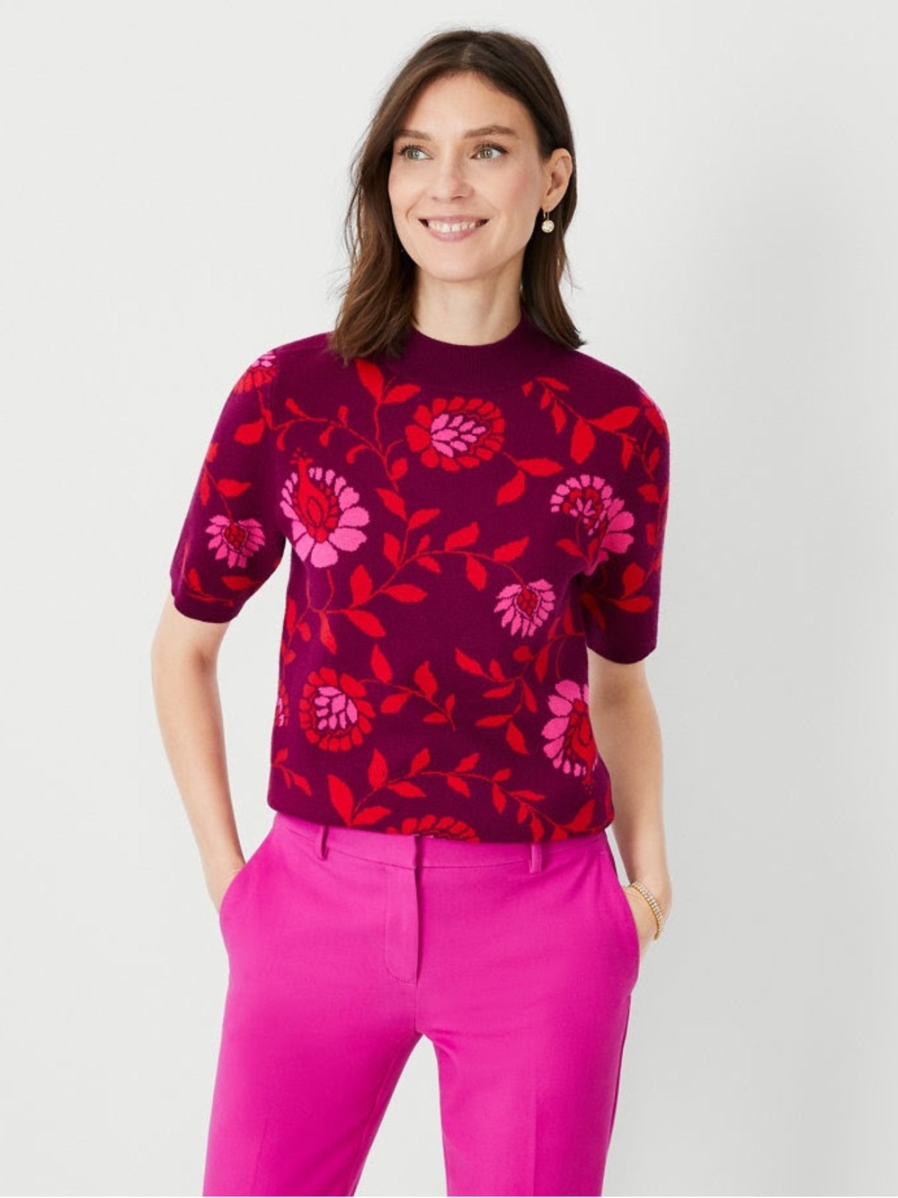 Ann Taylor short sleeve mock neck floral sweater